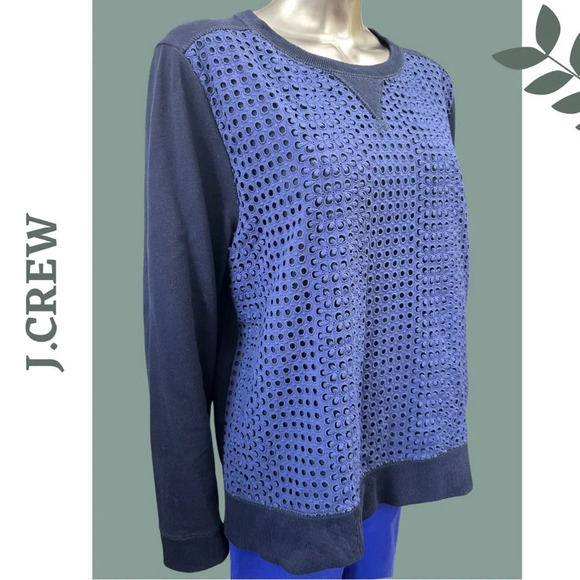 J. Crew Women’s Eyelet Pullover Knit Top Navy  & Blue Lomg Sleeve Size XL - Picture 3 of 6